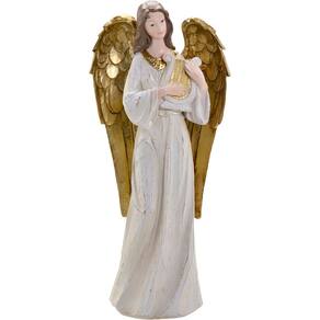Decoração Anjo Musico Harpa Ouro Resina Enfeite Natal 38cm