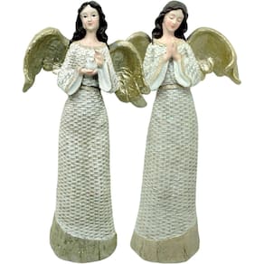 Dupla Anjos Decoração Em Resina Natal Glitter Branco De 38cm