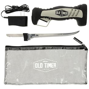 Faca Elétrica Sem Fio Old Timer com Lâmina de 20 cm em Aço Inox, Trava, Bateria Recarregável e Estojo Auto-Drenante para Pesca e Carne