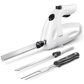 Conjunto de Facas Elétricas Reemix Potentes 150W com Garfo e 2 Lâminas - Ideal para Cortar Carnes, Aves e Pães - Branco