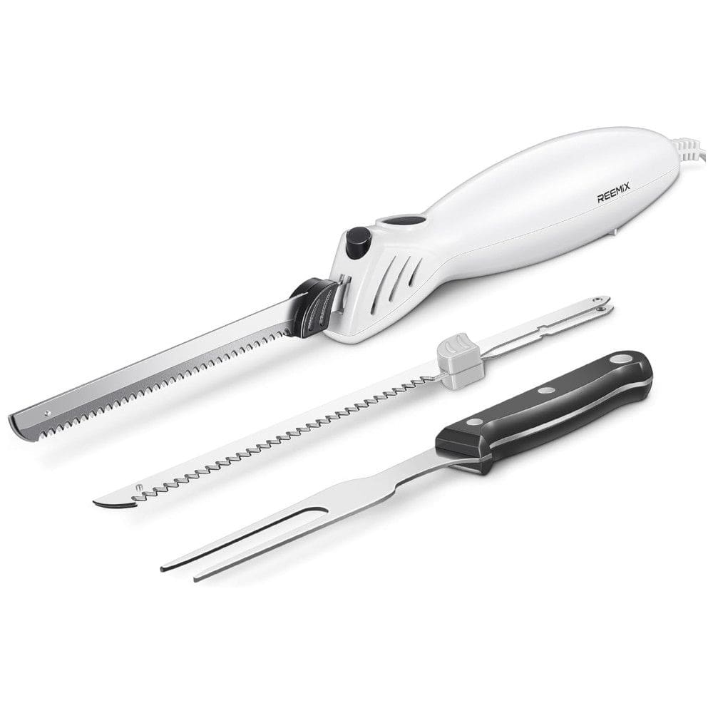 Faca Elétrica Reemix Z3042 para Entalhar Carnes, Aves, Pães, Artesanato em Espuma e Mais, 2 Lâminas para Carnes e Pães, Garfo Incluso -