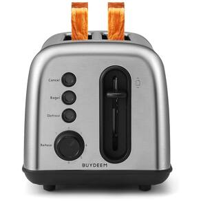 Torradeira BUYDEEM DT420 2 Fatias em Aço Inoxidável com Slots Extra Largos, 6 Configurações de Tostagem, Design Compacto Retro Prateado