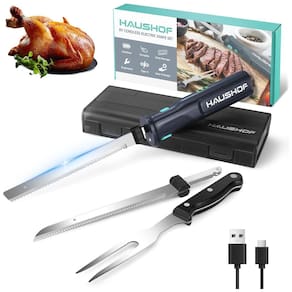 Conjunto de Facas Elétricas Sem Fio HAUSHOF 8V para Cortar Carnes, Peixes e Pães, Cortador de Carnes Recarregável com Lâminas de Aço