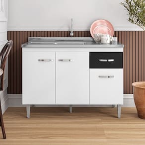 Balcão Gabriela com Pia e Cuba GhelPlus 120cm Branco Preto AJL Móveis