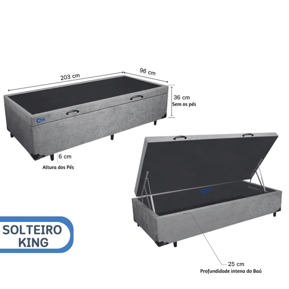 Cama Box Baú Solteiro King Blindado AL 96x203x42 - Suede - Maior espaço - Medida Especial