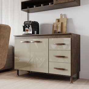 Balcão Modulado Para Cozinha Com Tampo Fidelitá Lisboa 120cm 2 Portas 3 Gavetas Noce/Off-White
