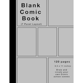 Livro em quadrinhos em branco, 120 páginas, 7 painéis, capa prateada, papel branco