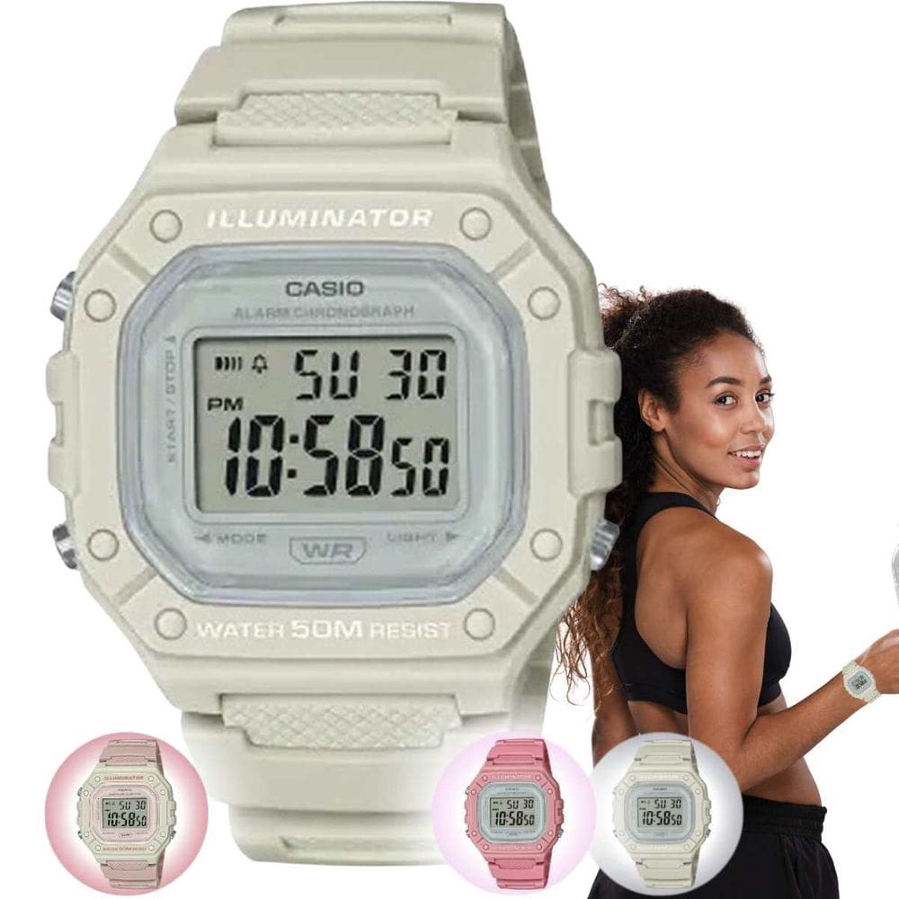 Relógio de Pulso Marca Casio feminino Digital Prova Dágua 50 Metros Azul Nude Rosa Branco W-218HC