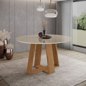 Mesa Lins para 6 lugares Tampo de 140cm redonda com vidro e pes em angulo