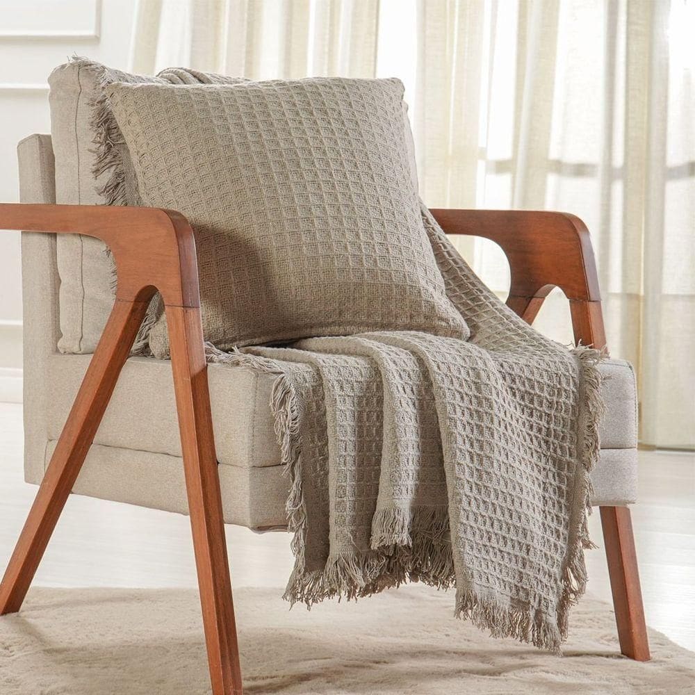 Kit Manta E 2 Almofada Decorativa Para Sofá Waffle 100% Algodão 120x150cm Cashmere