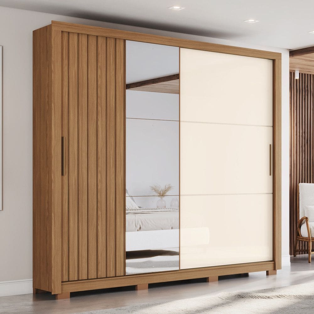 Guarda Roupa Casal Vasti 2 Portas Deslizantes com Detalhe Ripado/Soft 4 Gavetas com Usinagem e Pes Inclusos