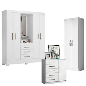 Guarda Roupa Solteiro Paris 2045150 com Armário Multiuso 2 Portas New 2000192 e Cômoda Sapateira Milão 2014145 Branco - Aramóveis
