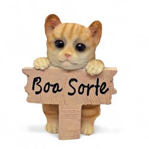 Enfeite Gato Laranja Placa de Boa Sorte em Resina 14 cm