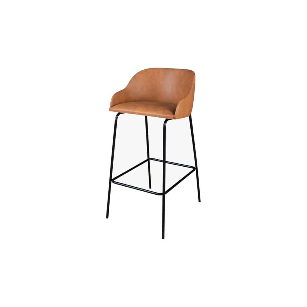 Banqueta Gaia em Couro Caramelo e Base Metal Preto