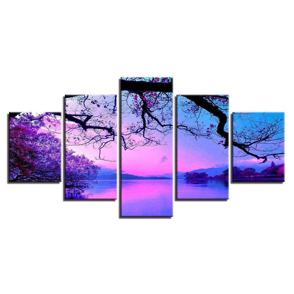 Quadros Decorativos 5 Peças Paisagem Rosa Natureza Lago
