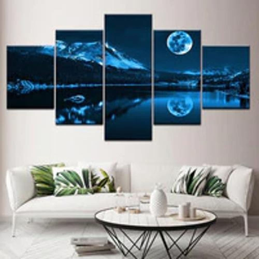 Quadro Decorativo Mosaico De 5 Peças Montanha Lua Reflexo