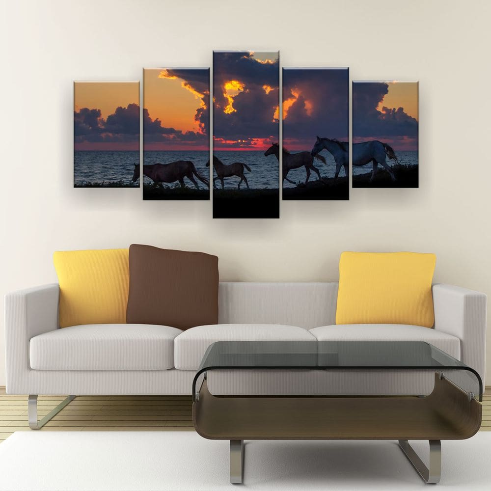 Quadro Decorativo Cavalos Fundo Lago 129X61 5 Peças