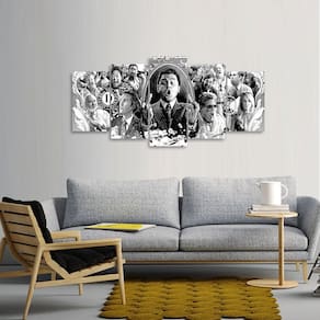Quadro Lobo Wall Street Preto e Branco Mosaico 5 Peças