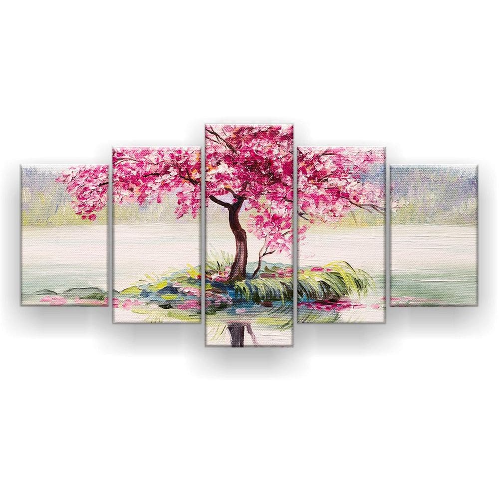 Quadro Decorativo Pintura Árvore De Cerejas 129X61Cm 5 Peças