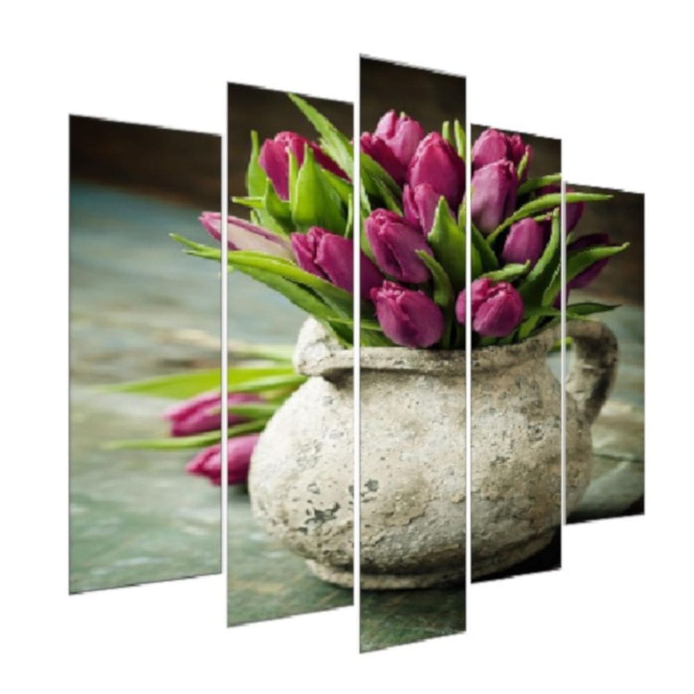 Quadro Decorativo Mosaico 5 Peças Mod981 Jarra Flores Rosas