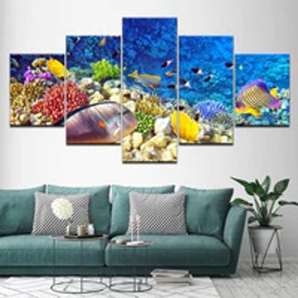 Quadro Decorativo Mosaico De 5 Peças Fundo Do Mar Peixes