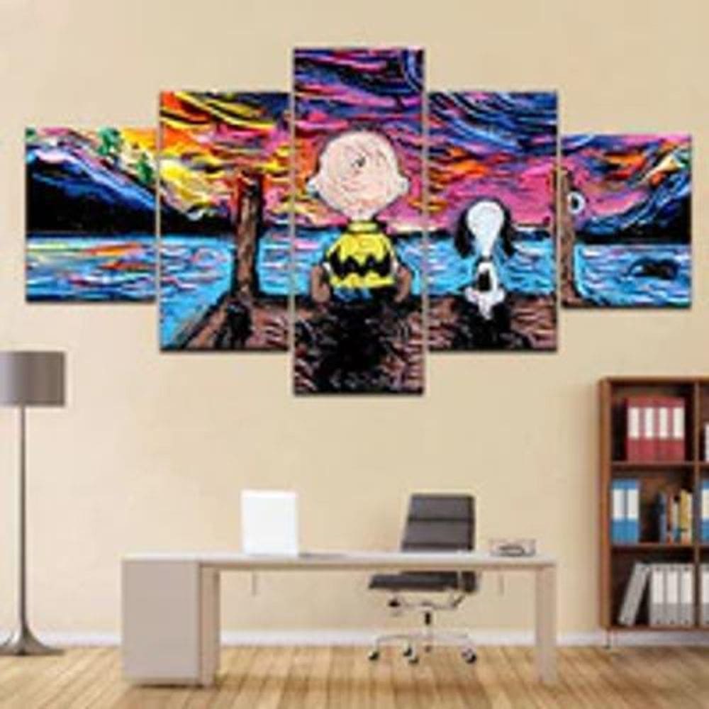 Quadro Decorativo Mosaico De 5 Peças Snoopy E Charlie Brown