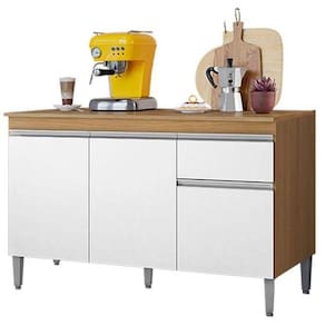 Balcão De Cozinha 120cm Tatiane 3 Portas 1 Gaveta Com Tampo Amêndoa/Branco