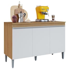 Balcão De Cozinha Manu 120cm 3 Portas Com Tampo Amêndoa/Branco