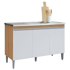 Balcão De Cozinha Para Pia 120cm Manu 3 Portas Sem Tampo Branco Amêndoa/Branco
