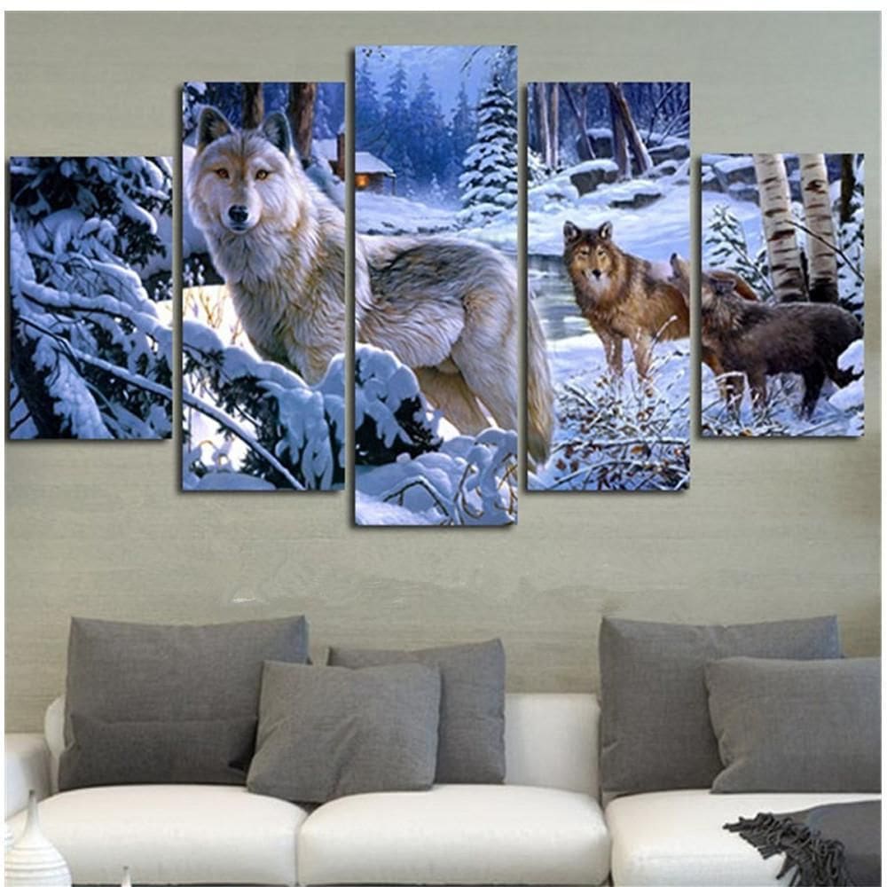 Quadros Decorativos 5 Peças Lobos Na Paisagem Montanhas