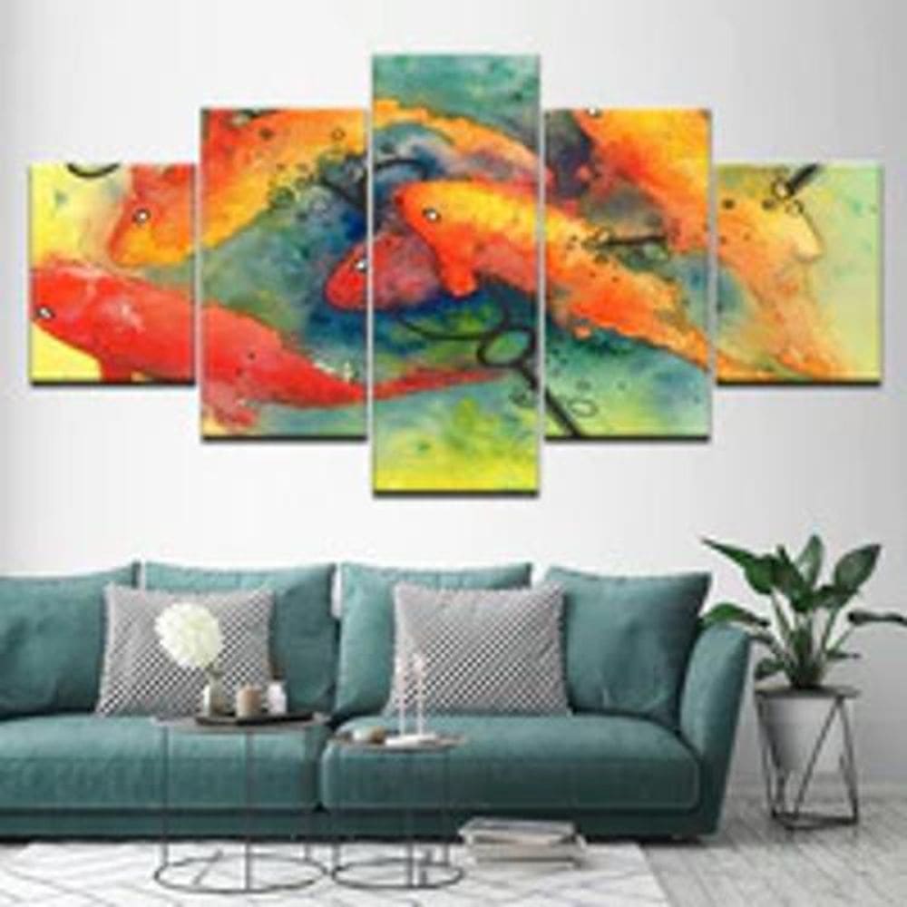 Quadro Decorativo Mosaico De 5 Peças Pintura Carpas Douradas