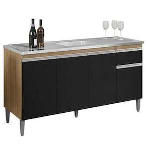 Balcão De Cozinha 150cm Tatiane 4 Portas 1 Gaveta Com Tampo Amêndoa/Preto