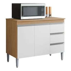 Balcão De Cozinha Andréia 100cm 2 Portas 3 Gavetas Com Tampo Amêndoa/Branco