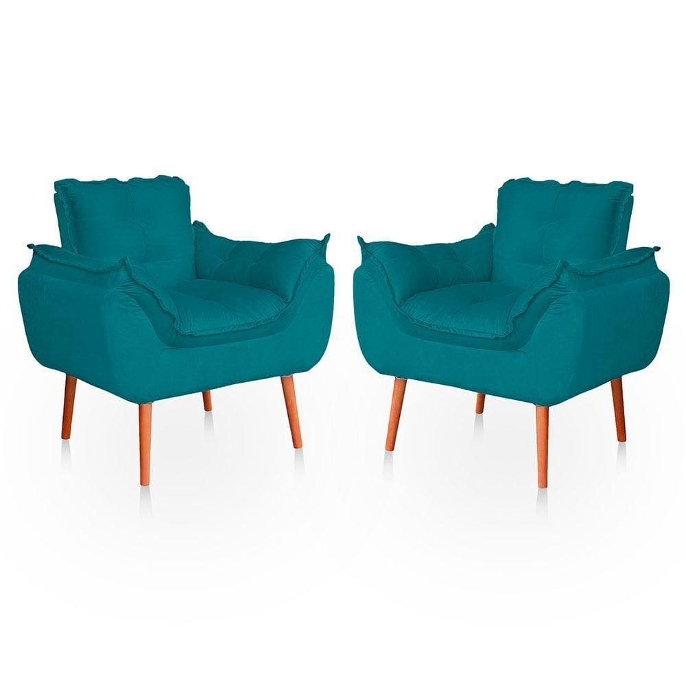 Kit 02 Poltronas Opala Para Sala Confortável Resistente Veludo Bege Azul Turquesa