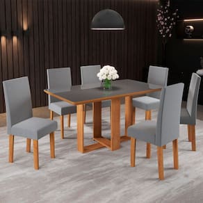 Mesa de Jantar 6 Lugares Catarina com Vidro Marrom/Veludo Cinza/Grafite - Pnr Móveis