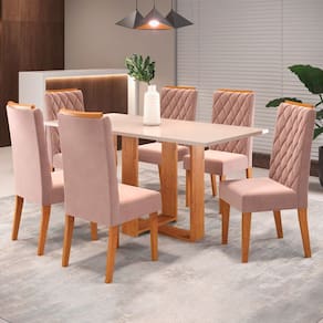 Mesa de Jantar 6 Lugares Giordina Marrom/Blonde/Veludo Rosa - Pnr Móveis