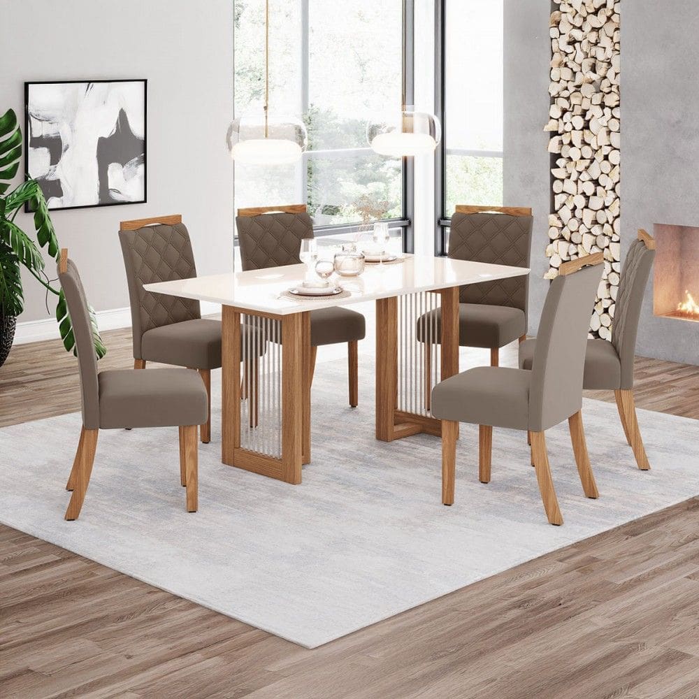 Mesa de Jantar 6 Lugares Amélia Natural/Off White/Marrom Amêndoa - Pnr Móveis