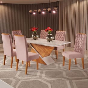 Mesa de Jantar 6 Lugares Nina Marrom/Veludo Rosa/Off White - Pnr Móveis
