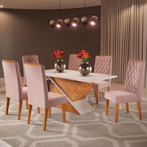 Mesa de Jantar 6 Lugares Marilda Marrom/Blonde/Veludo Rosa - Pnr Móveis