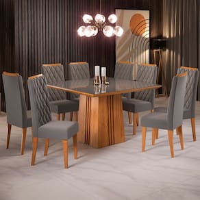 Mesa de Jantar 8 Lugares Amabile com Vidro Marrom/Veludo Cinza/Grafite - Pnr Móveis