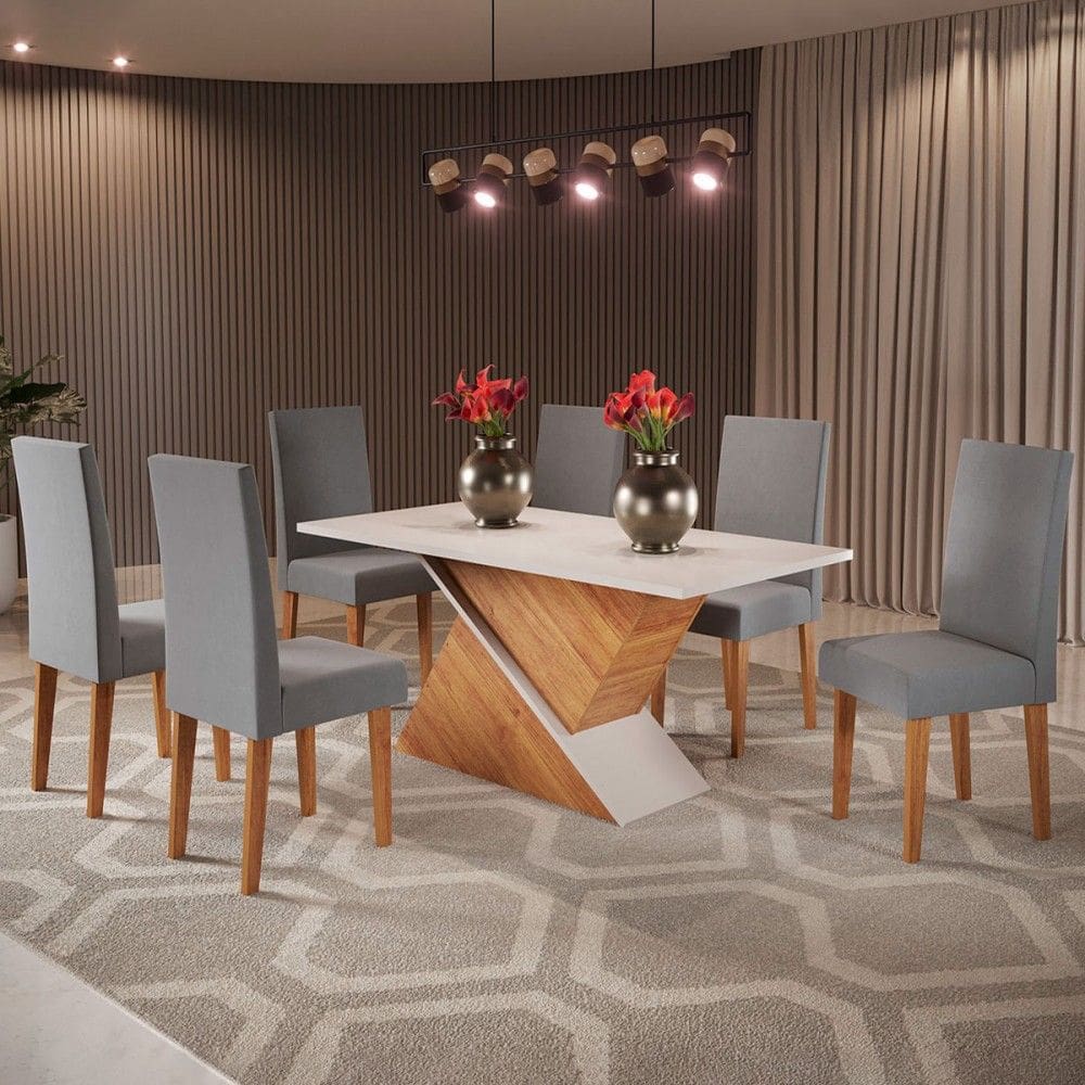 Mesa de Jantar 6 Lugares Andreia Marrom/Blonde/Veludo Cinza - Pnr Móveis