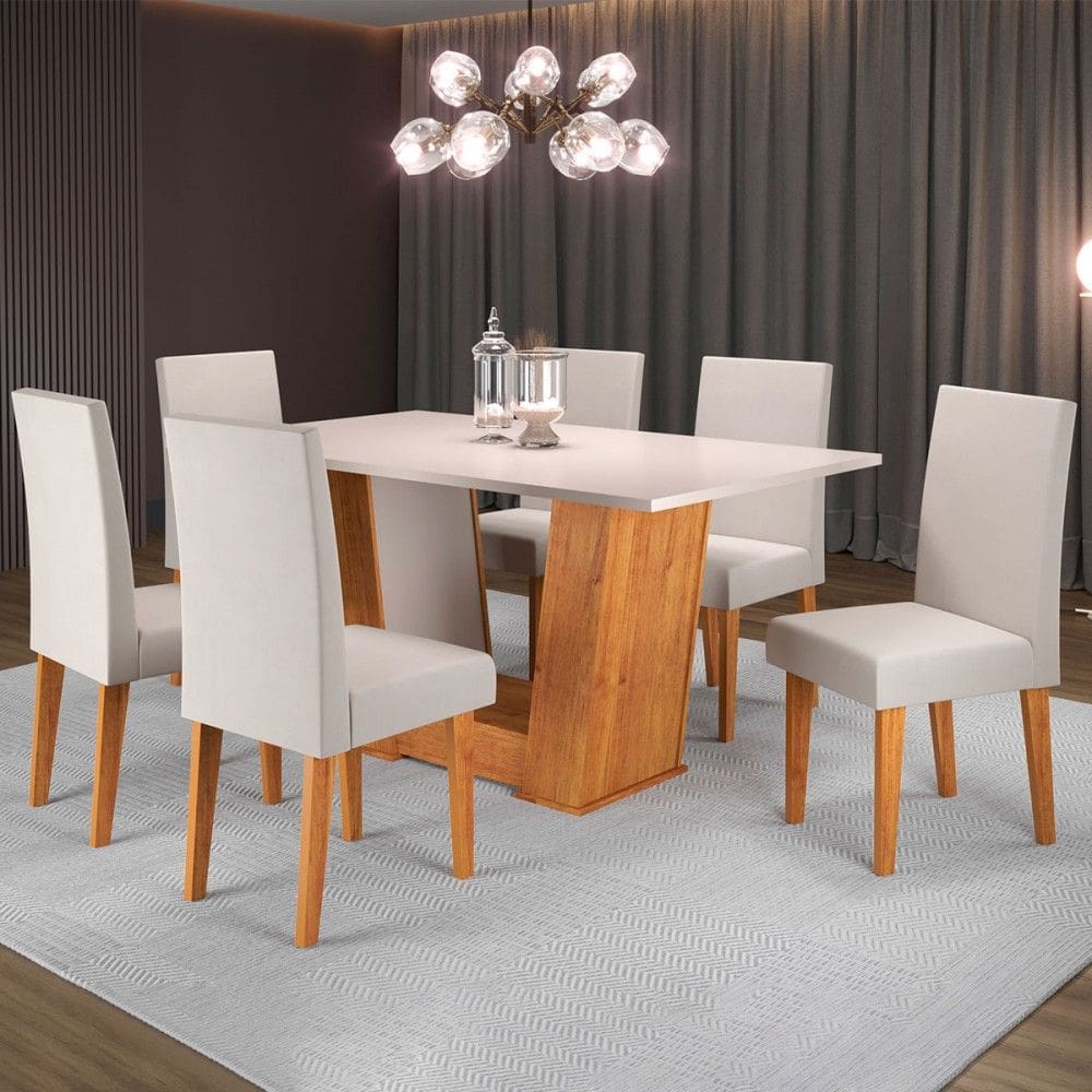 Mesa de Jantar 6 Lugares Grazi Marrom/Blonde/Veludo Marfim - Pnr Móveis