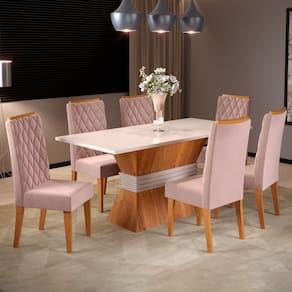 Mesa de Jantar 6 Lugares Lia Marrom/Blonde/Veludo Rosa - Pnr Móveis