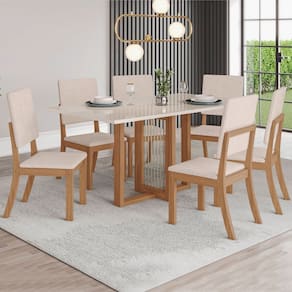 Mesa de Jantar 6 Lugares Lilian com Vidro Natural/Off White/Linho - Pnr Móveis