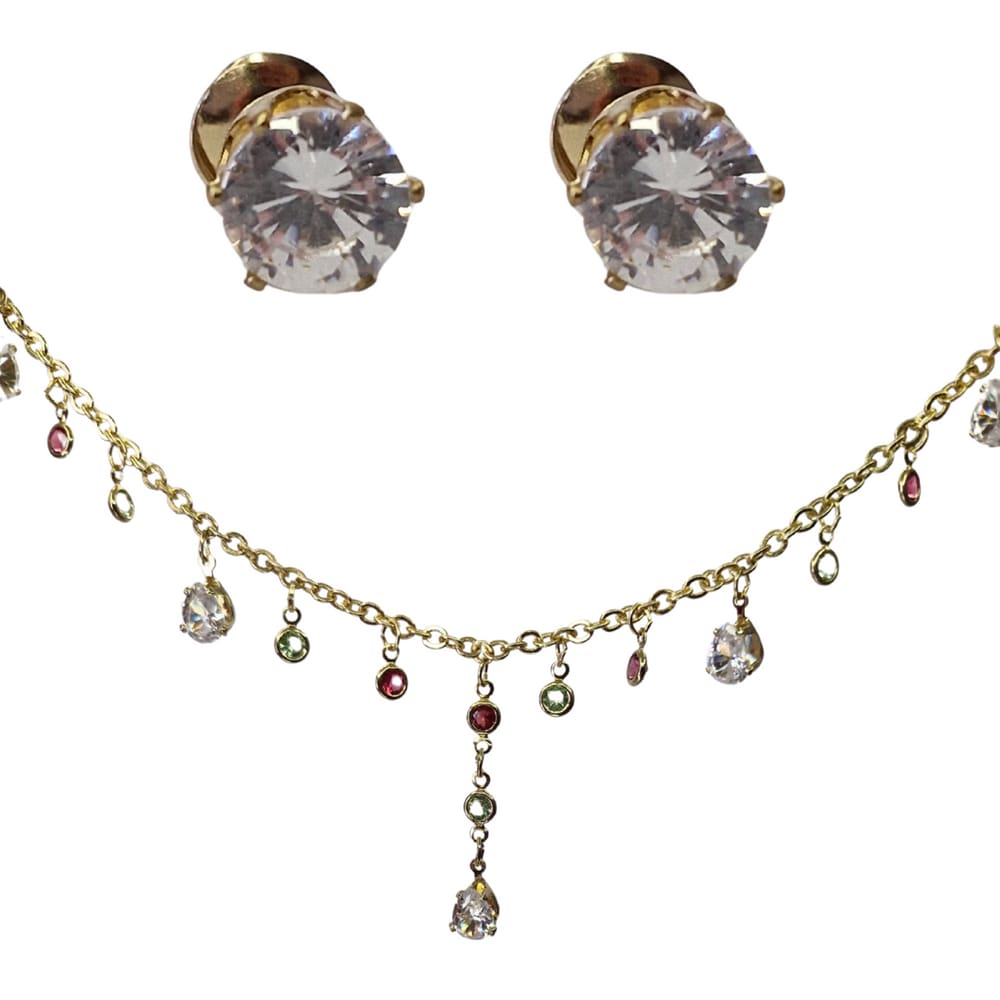 Conjunto Zircônias e Pedras Coloridas Ouro