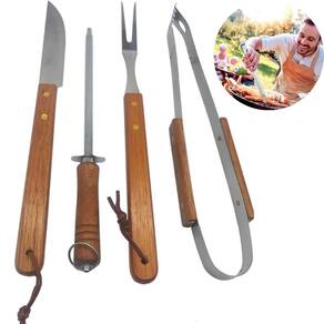 Kit Churrasqueiro 4 Peças Utensílios Em Aço Inox Resistente