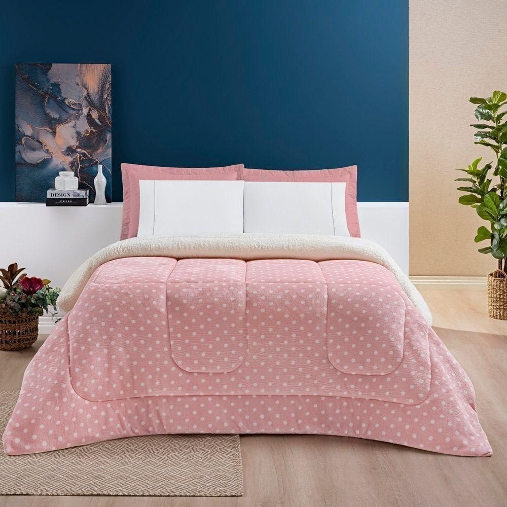 Coberdrom visual disponível na cor Estampado Sherpa E Flannel Petit Poá King 01 Peça Manta Alta 150g - Rosa