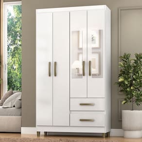 Guarda-Roupa Solteiro Illinois 4 Portas 2 Gavetas com Espelho Branco - Pnr Móveis