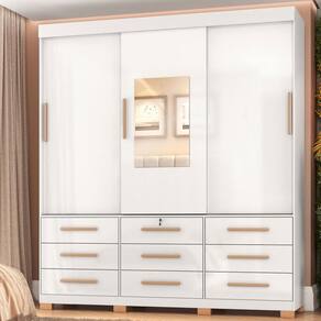 Guarda-Roupa Casal Paiva 3 Portas 9 Gavetas com Espelho Branco - Pnr Móveis