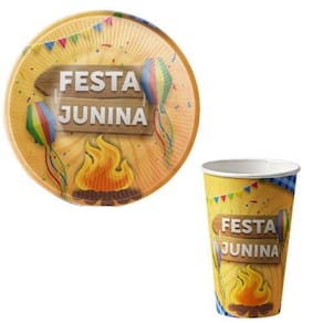 Kit 10 Convidados Pratos Copos Papel Festa Junina Decoração